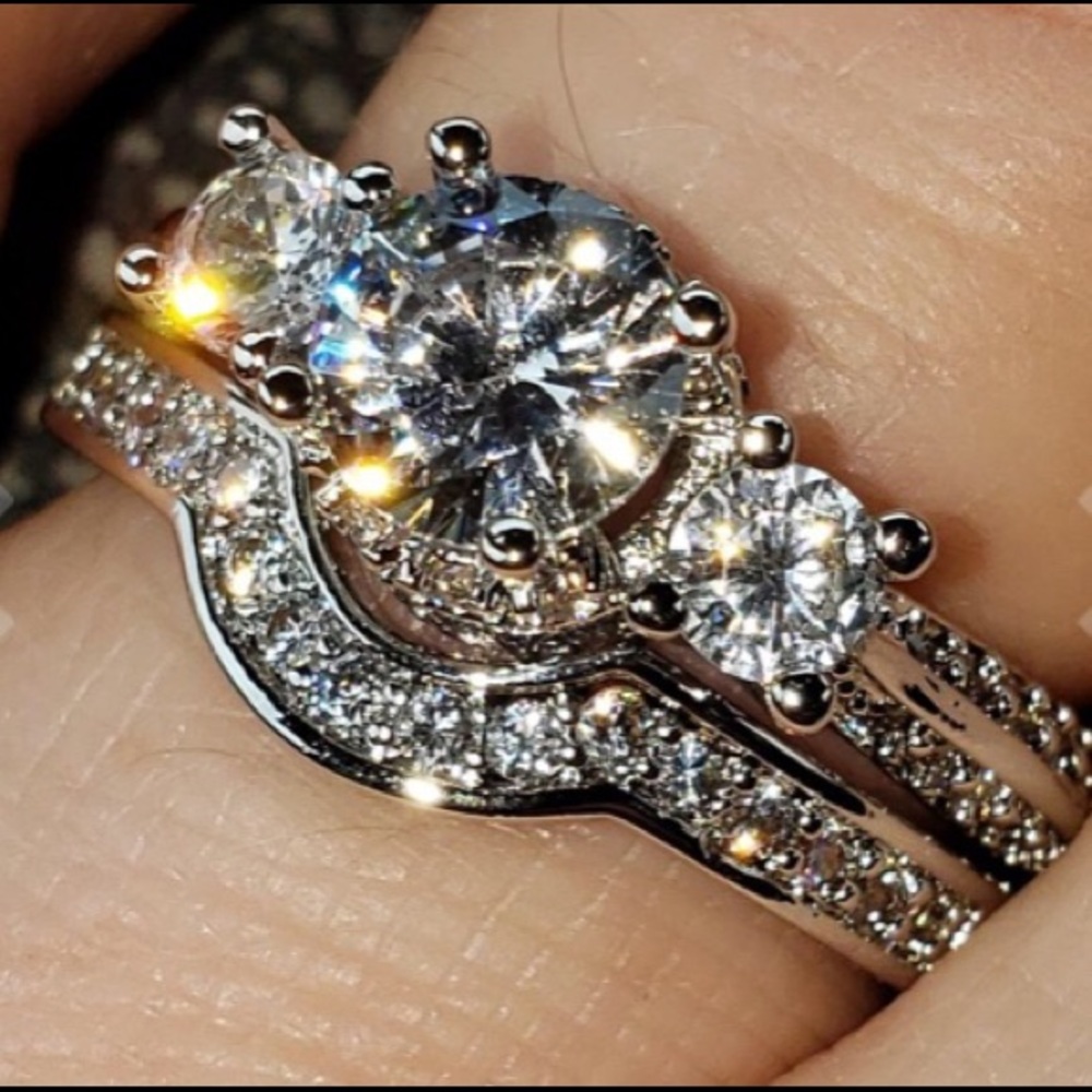 .925 stamp. Silver Alloy CZ Bridal Ring Set Sz 6